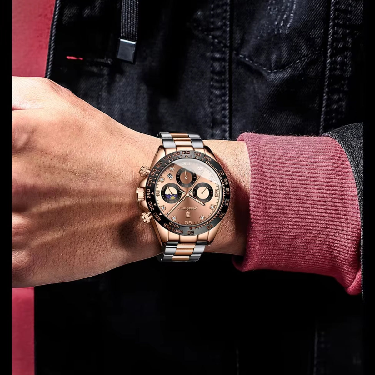 POEDAGAR 629 Men’s Luxury Sport Watch – Stainless Steel Chronograph Quartz with Luminous Date & Waterproof Rose Gold Dial