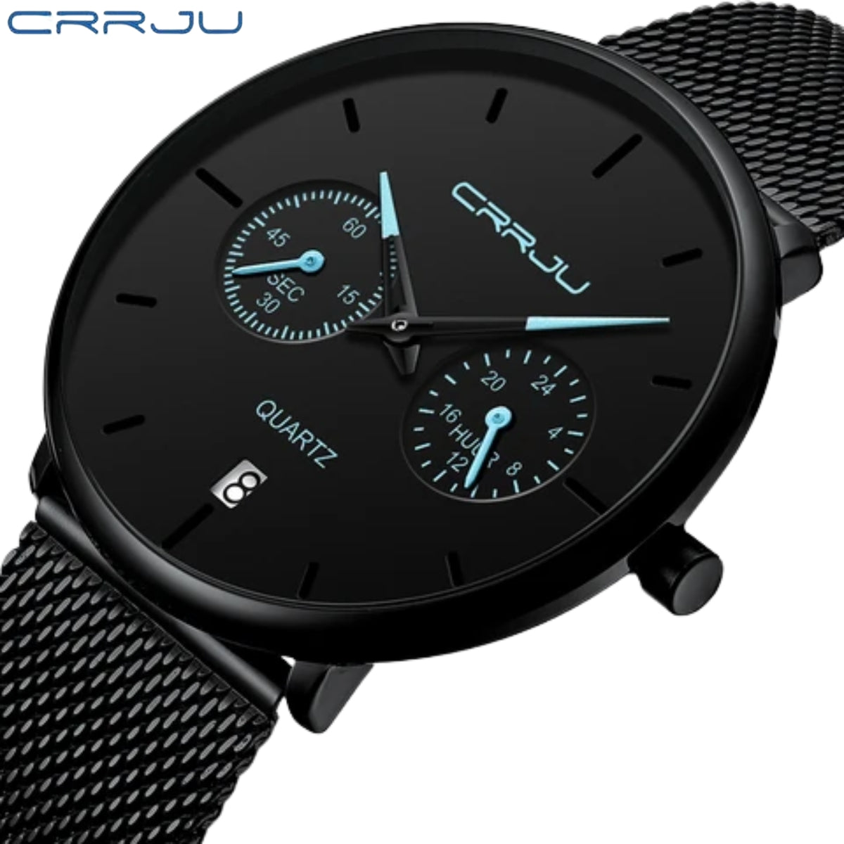 CRRJU 2162 Men's Stainless Mesh Steel Quartz Watch – Waterproof Casual Dress Timepiece with Date Calendar Black Blue