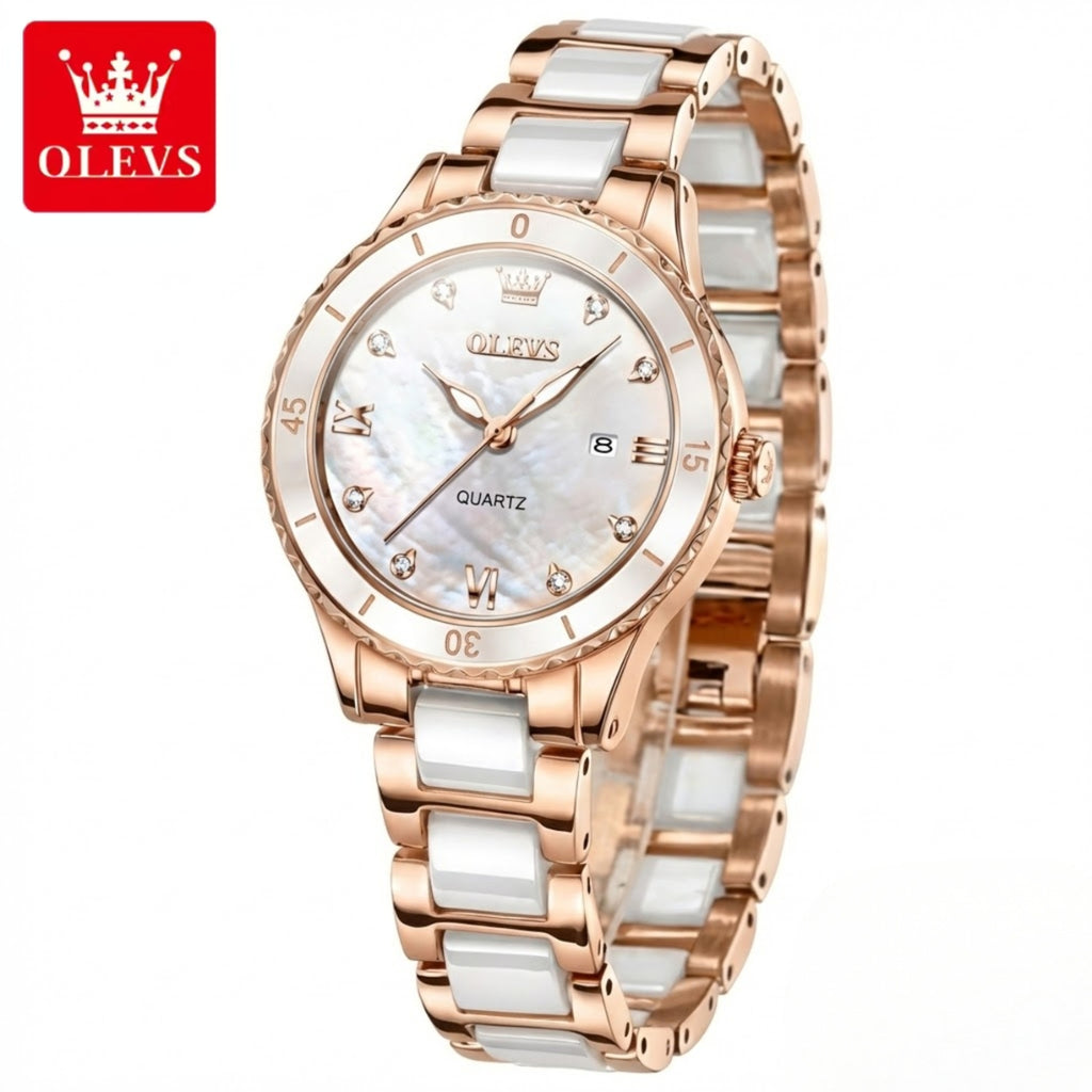 OLEVS 9985 Women’s Elegant Ceramic Watch – Waterproof Stainless Steel Quartz l Pearl White
