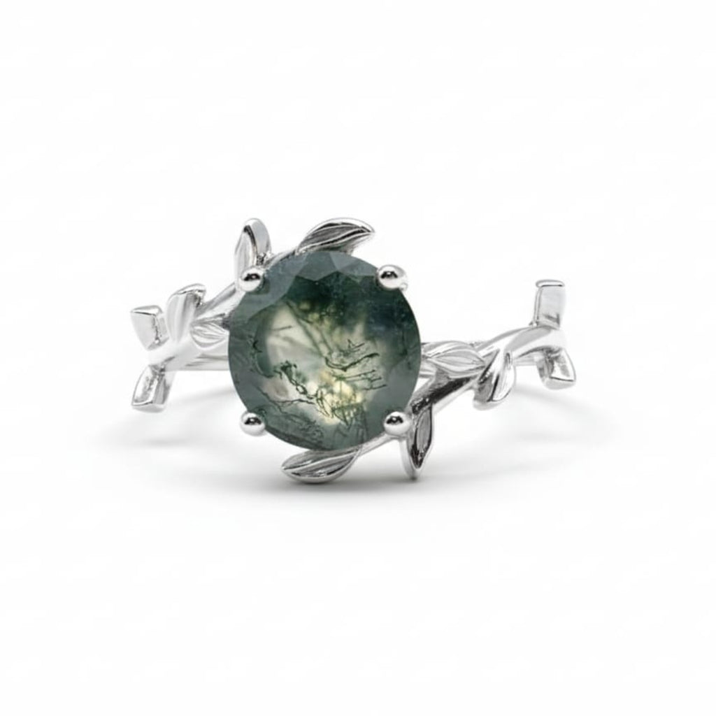 Round Moss Agate Vine Ring