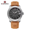 NAVIFORCE 9202L Men’s Fashion Quartz Watch – Waterproof Analog Sport Wristwatch with Leather Strap & Date  Brown and Silver