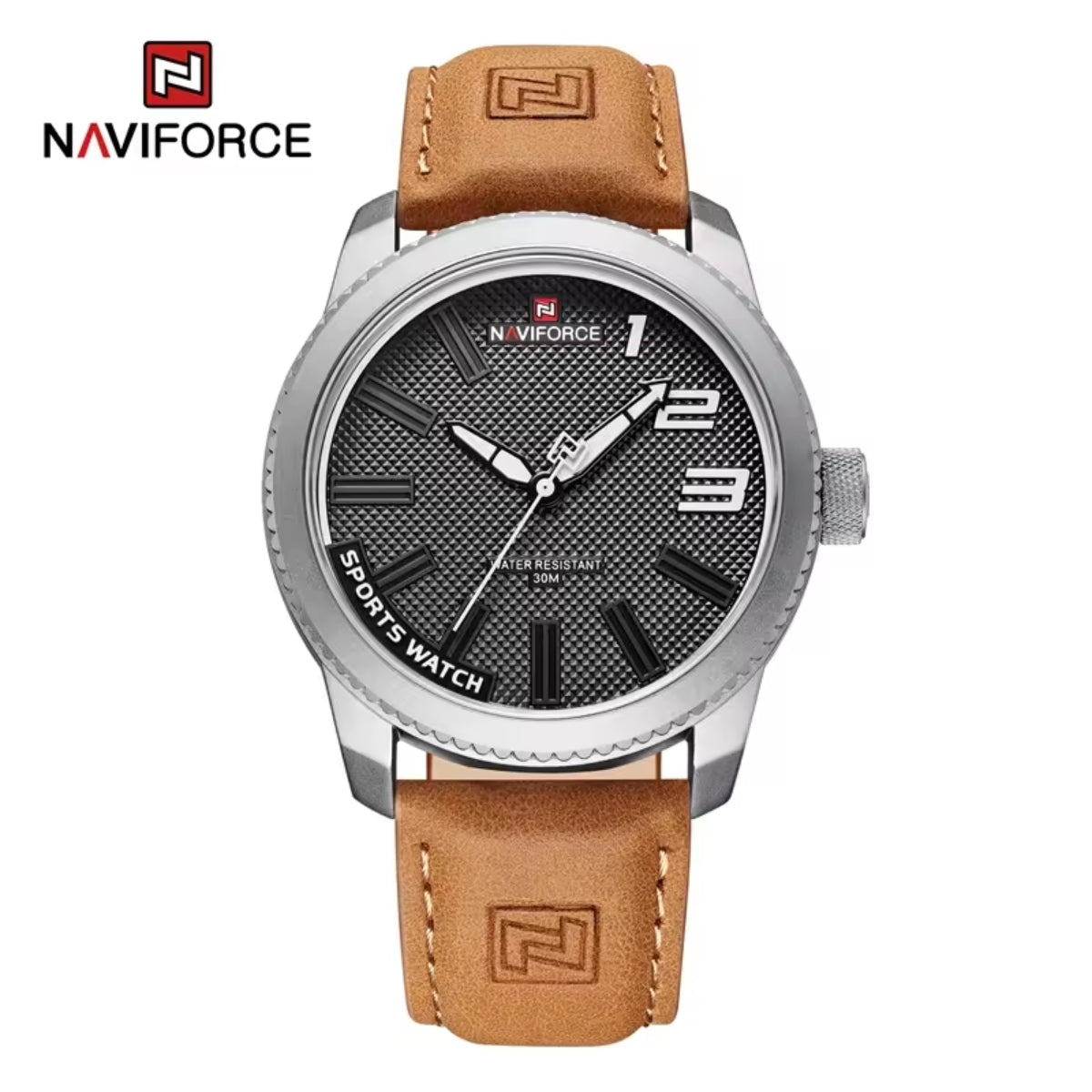 NAVIFORCE 9202L Men’s Fashion Quartz Watch – Waterproof Analog Sport Wristwatch with Leather Strap & Date  Brown and Silver