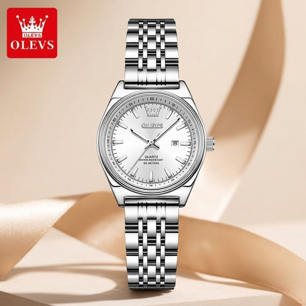 OLEVS 3703 Women’s Elegant Stainless Steel Watch – High Quality Classic Luxury Quartz Wristwatch  - White