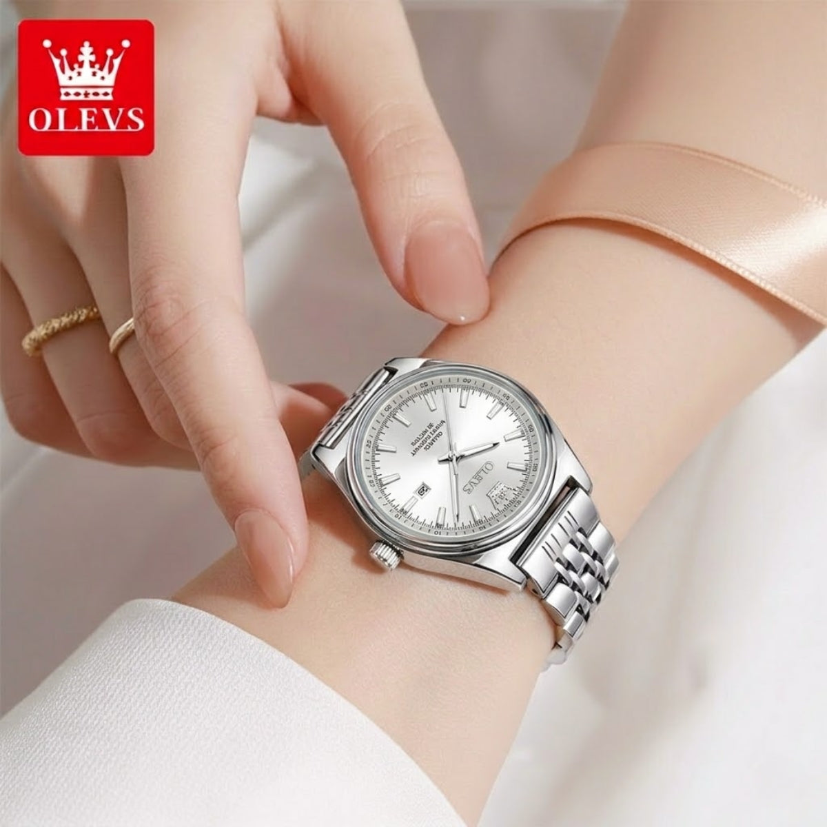 OLEVS 3703 Women’s Elegant Stainless Steel Watch – High Quality Classic Luxury Quartz Wristwatch  - White