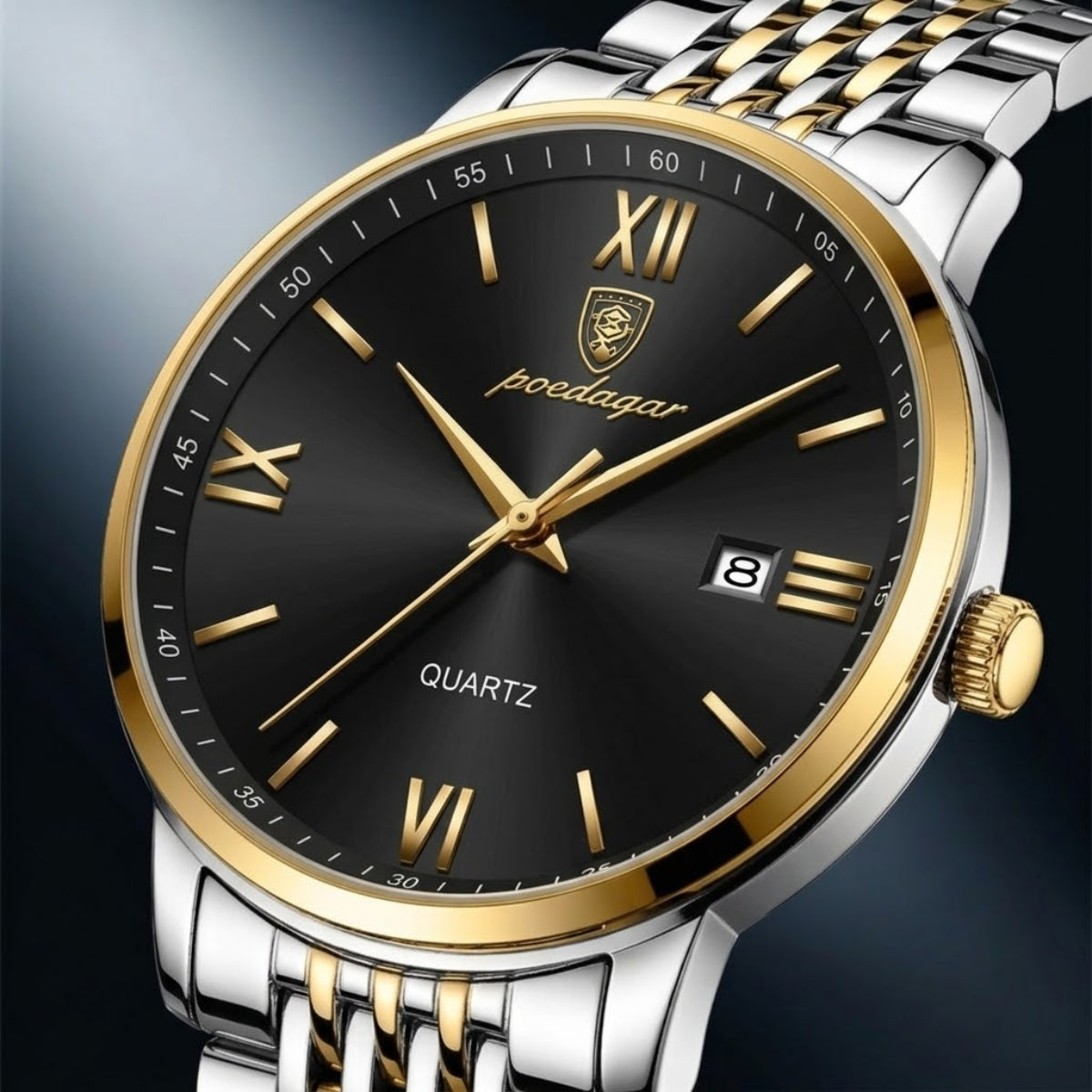 POEDAGAR 826 Waterproof Watch – High-Grade Stainless Steel Quartz Movement Luxury Date Display Wristwatch for Men Gold Black