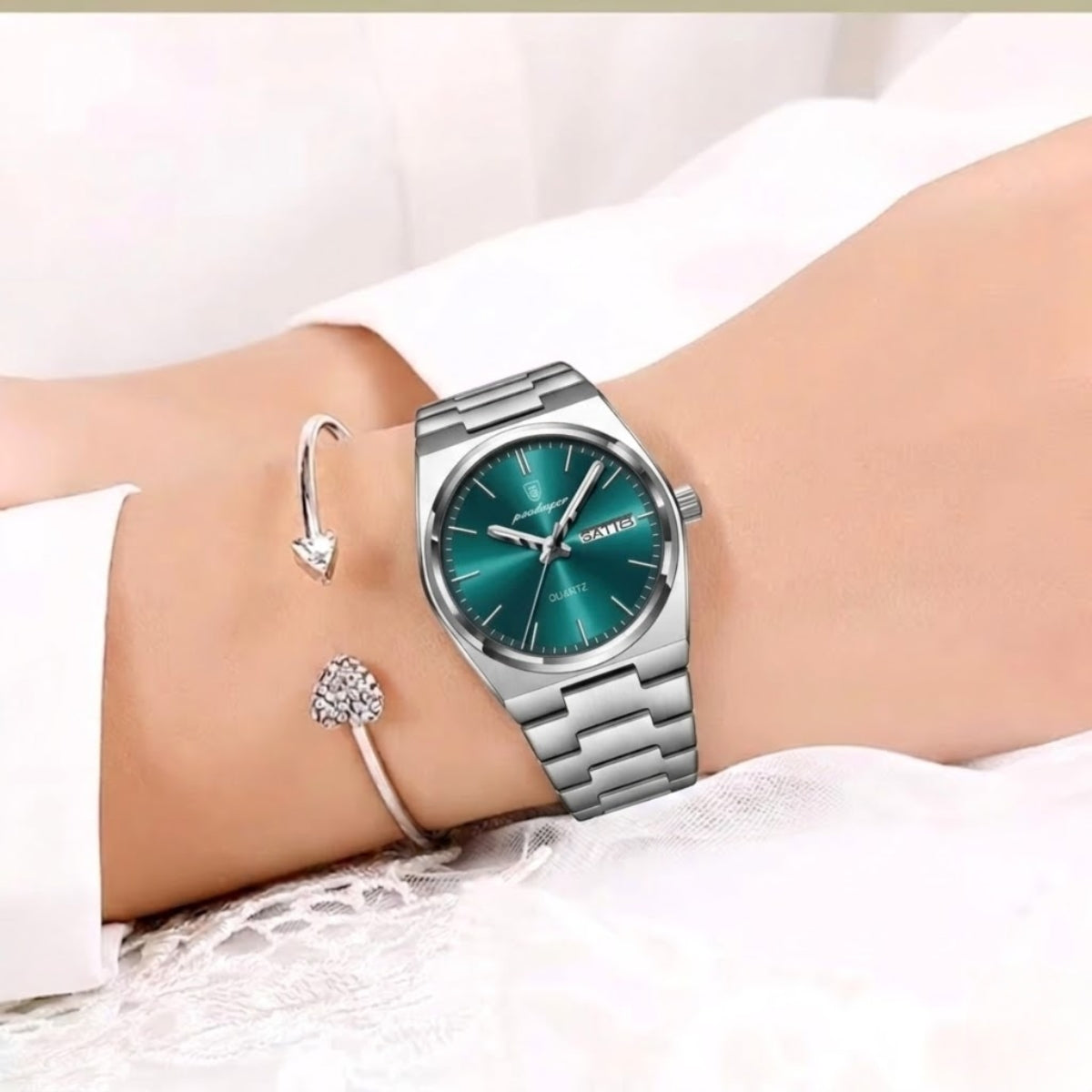 POEDAGAR 786 Luxury Women’s Stainless Steel Bracelet Watch – Waterproof Quartz Wristwatch with Luminous Hands Green