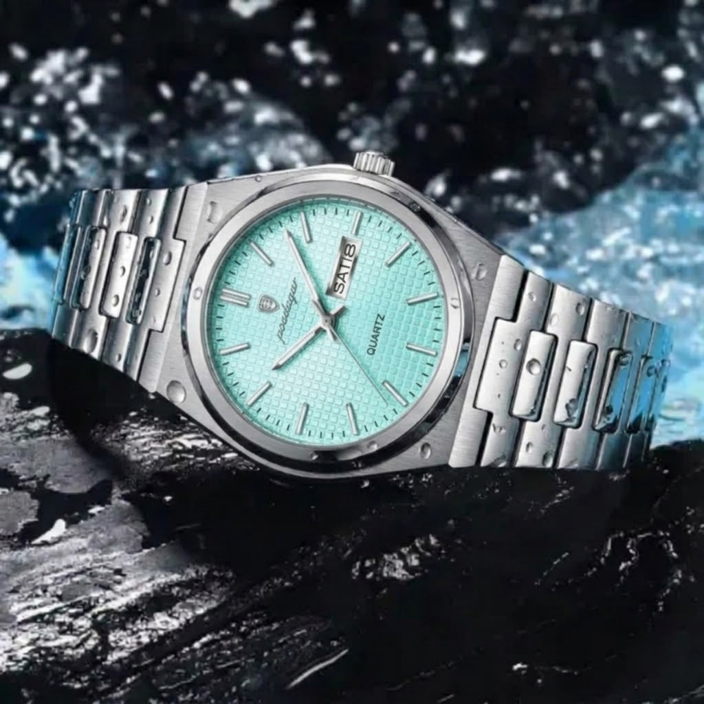 Poedagar 821 Men's Luxury Fashion Watch – Waterproof Luminous Quartz Wristwatch with Stainless Steel Band Light Blue