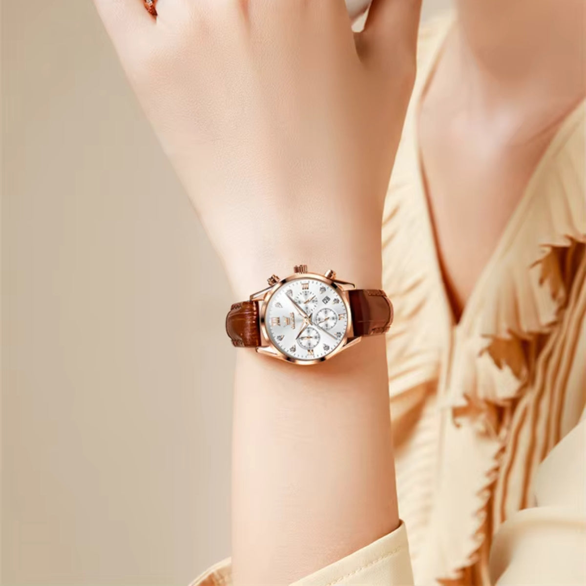 OLEVS 5523 Women’s Mini Multi-Function Watch – Luminous Chronograph Quartz Wristwatch with Leather Strap Black