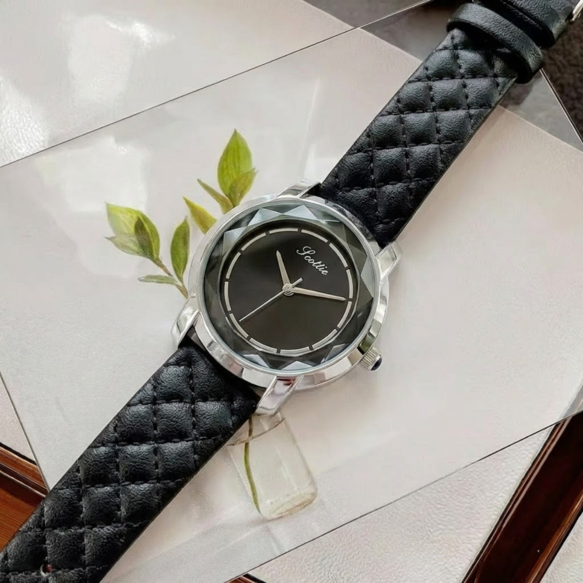 Scottie 9728 Women’s Luxury Square Watch – Waterproof Quartz Wristwatch with Leather Band Black