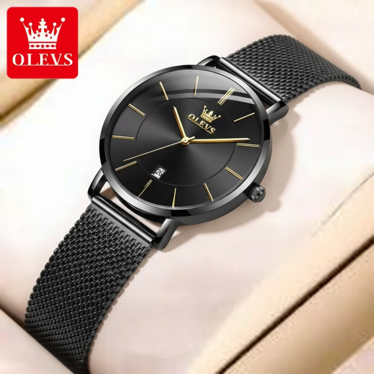 OLEVS 5869 Women’s Ultra-Thin Mesh Watch – Waterproof Luxury Quartz with Steel Strap Black