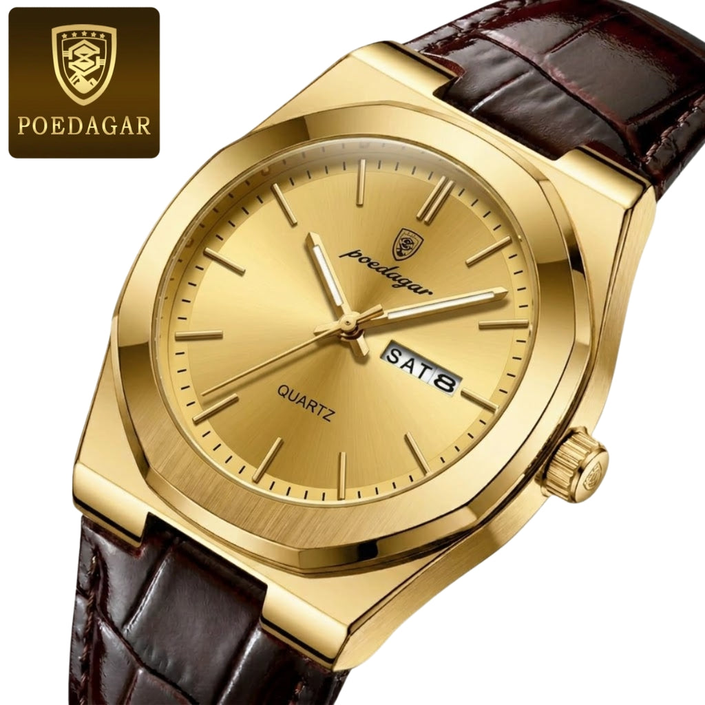 POEDAGAR 930 Men's Ultra-Thin 40mm Watch - Luminous Leather Strap Business Casual Quartz Gold