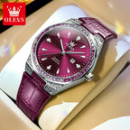 OLEVS 5606 Women’s Luxury Leather Watch – Fashion Quartz Wristwatch with Diamond Accents Purple