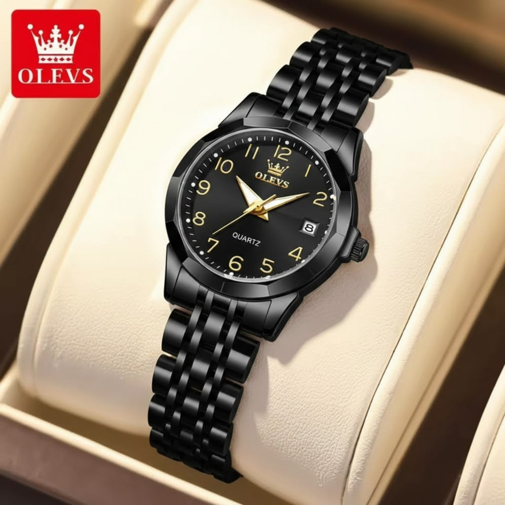 OLEVS 9970 Women’s Fashion Watch – Stainless Steel Waterproof Quartz for Ladies Black
