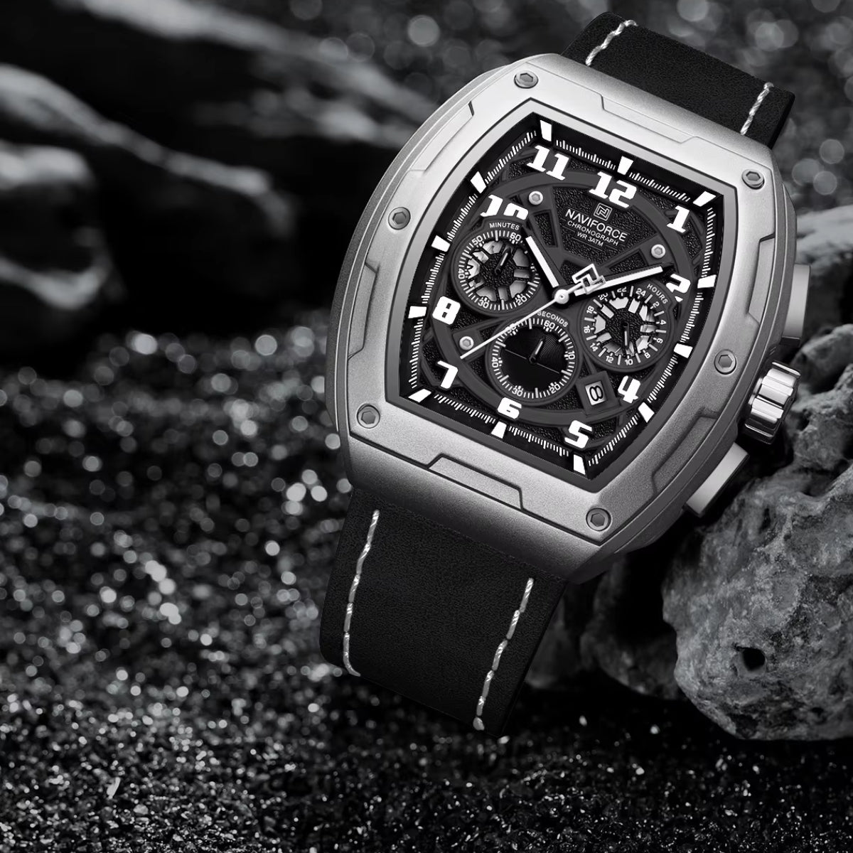NAVIFORCE 8053 Men's Watch – Waterproof Sport Chronograph with Luxury Leather Band Silver