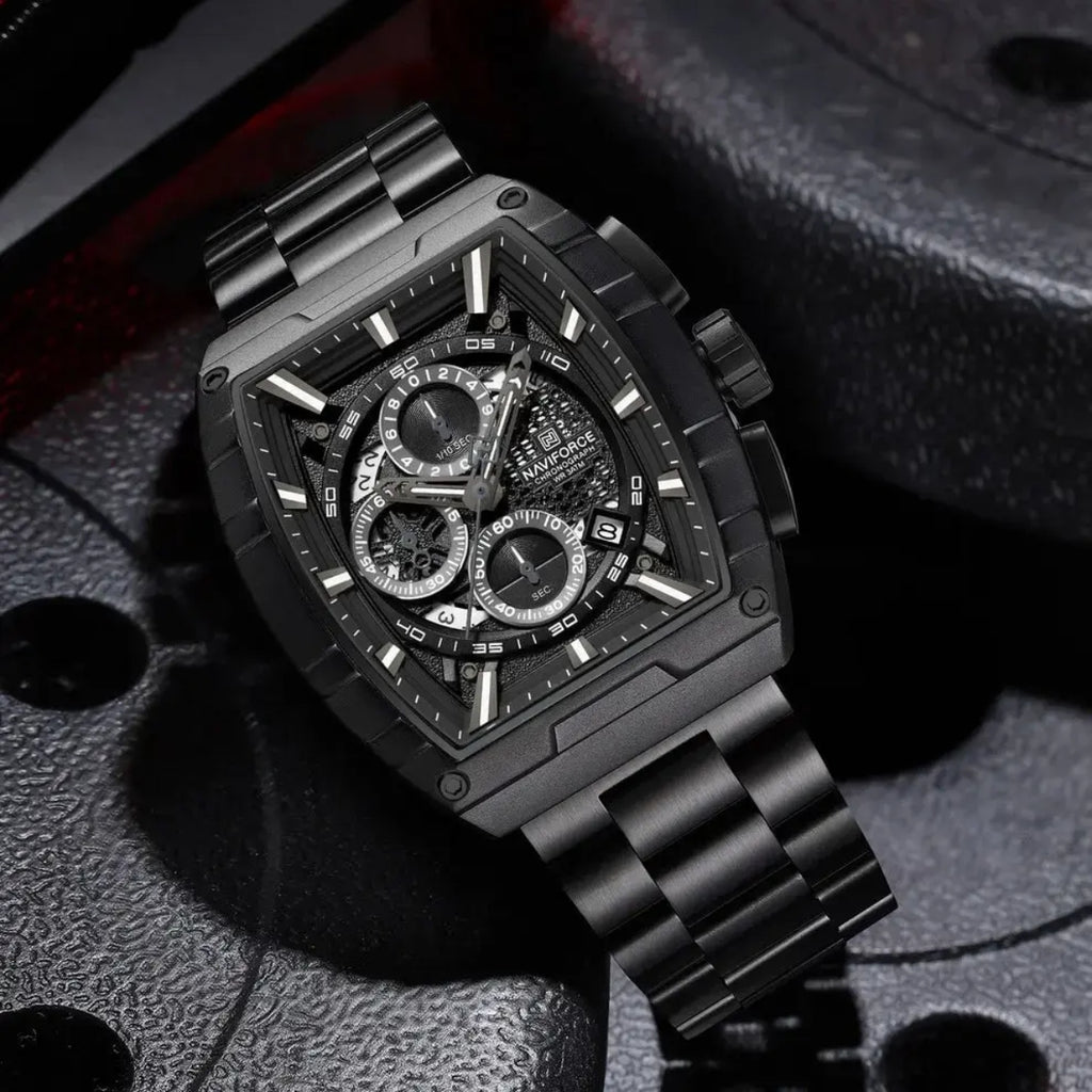 NAVIFORCE 8066 Luxury Chronograph Men's Watch – Heavy Duty Stainless Steel 3-Dial Quartz Sport Wristwatch with Date Display Black