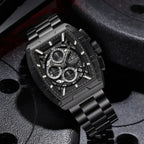 NAVIFORCE 8066 Luxury Chronograph Men's Watch – Heavy Duty Stainless Steel 3-Dial Quartz Sport Wristwatch with Date Display Black