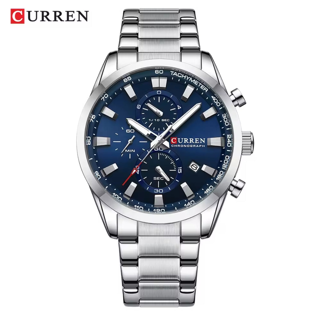 CURREN 8445 Men’s Casual Sport Chronograph Watch Stainless Steel Band with Auto-Date and Blue Dial