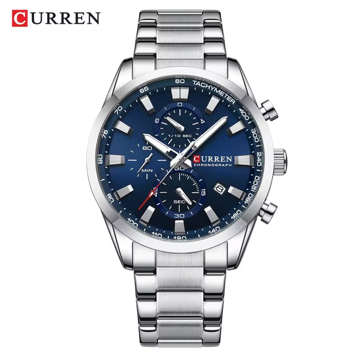 CURREN 8445 Men’s Casual Sport Chronograph Watch Stainless Steel Band with Auto-Date and Blue Dial