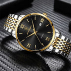 POEDAGAR 826 Waterproof Watch – High-Grade Stainless Steel Quartz Movement Luxury Date Display Wristwatch for Men Gold Black