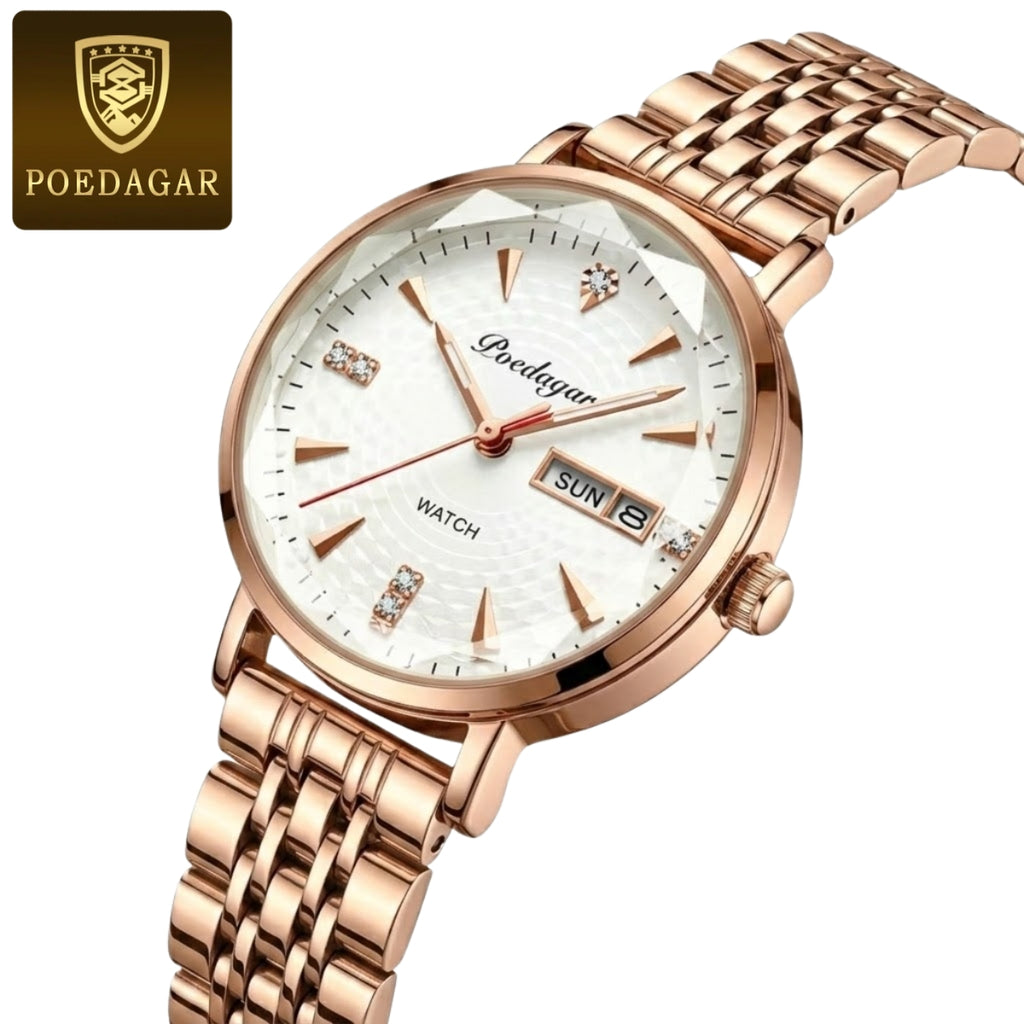 POEDAGAR 312 Women's Stainless Steel Quartz Watch – Waterproof Fashion Timepiece with Date Window White