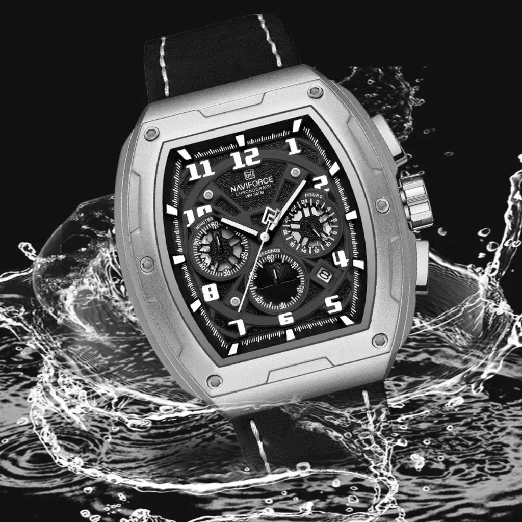 NAVIFORCE 8053 Men's Watch – Waterproof Sport Chronograph with Luxury Leather Band Silver