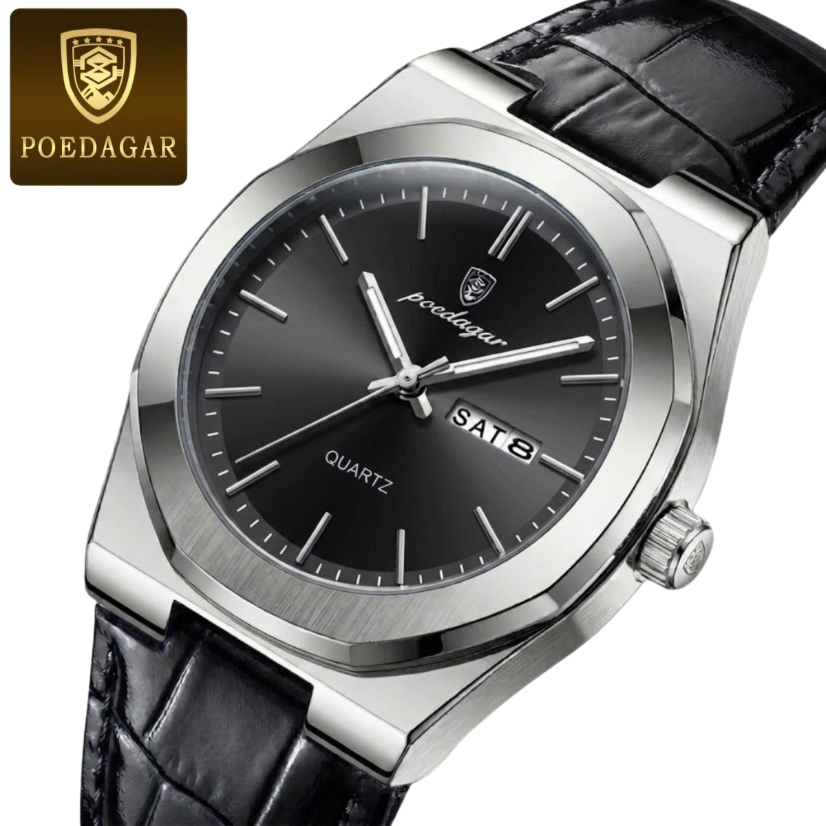 POEDAGAR 930 Men's Ultra-Thin 40mm Watch - Luminous Leather Strap Business Casual Quartz Silver Black