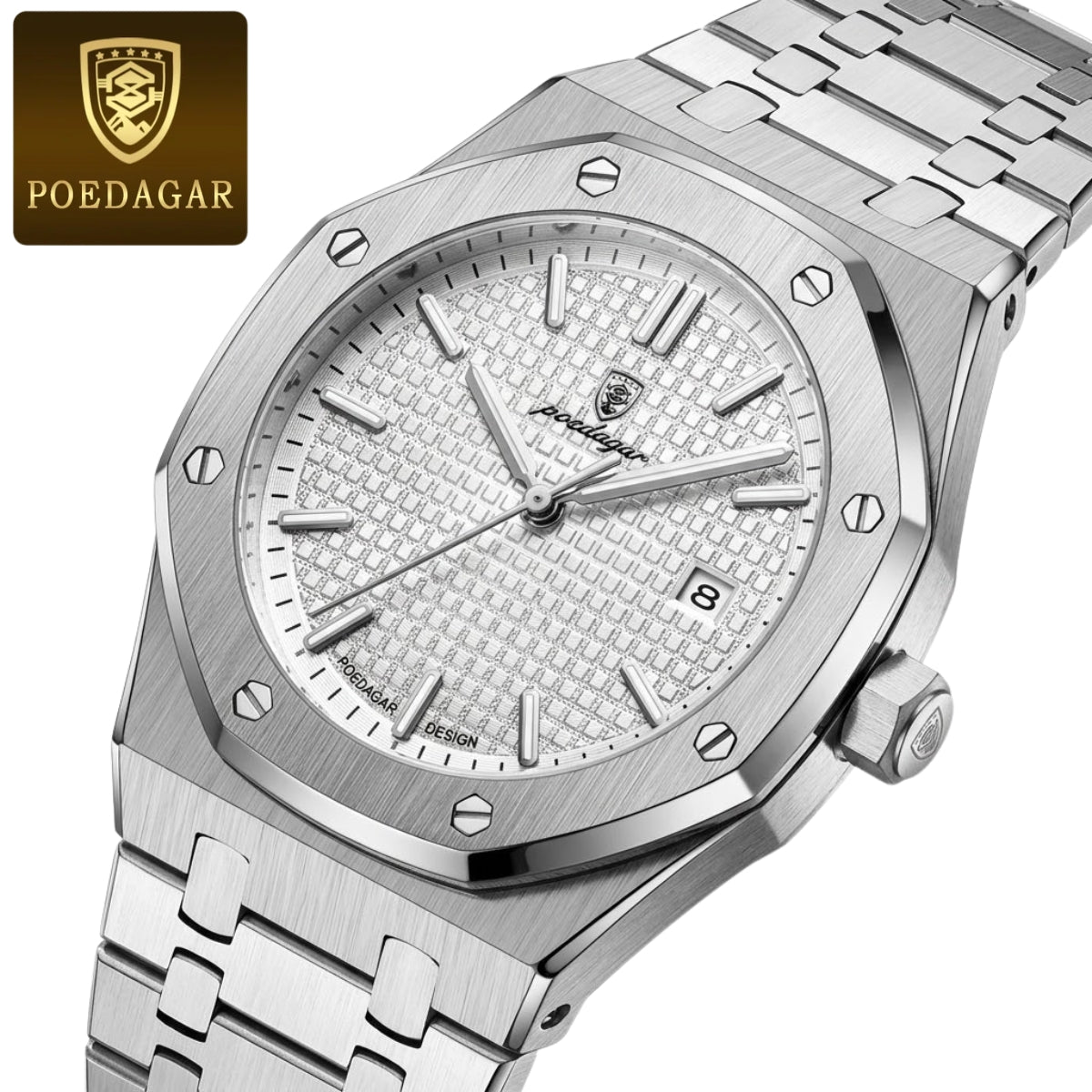 POEDAGAR 924 Men's Luxury Watch: Stainless Steel Waterproof Quartz with Day-Date & Luminous Display Silver White