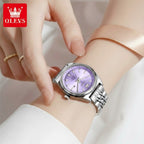 OLEVS 3703 Women’s Elegant Stainless Steel Watch – High Quality Classic Luxury Quartz Wristwatch - Silver and Purple