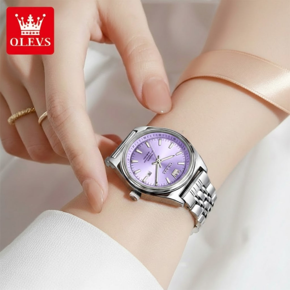 OLEVS 3703 Women’s Elegant Stainless Steel Watch – High Quality Classic Luxury Quartz Wristwatch - Silver and Purple
