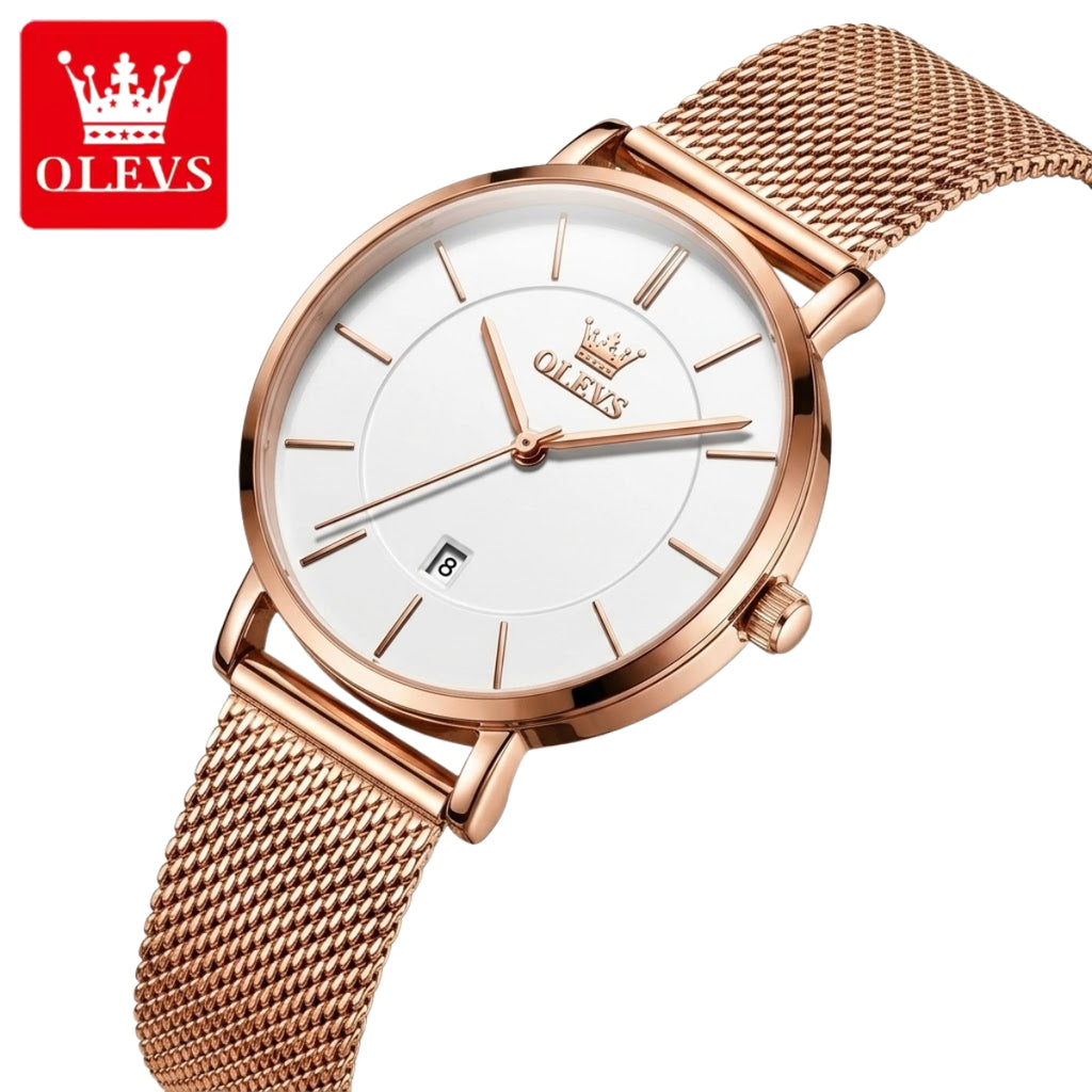 OLEVS 5869 Women’s Ultra-Thin Mesh Watch – Waterproof Luxury Quartz with Steel Strap Rose Gold and White