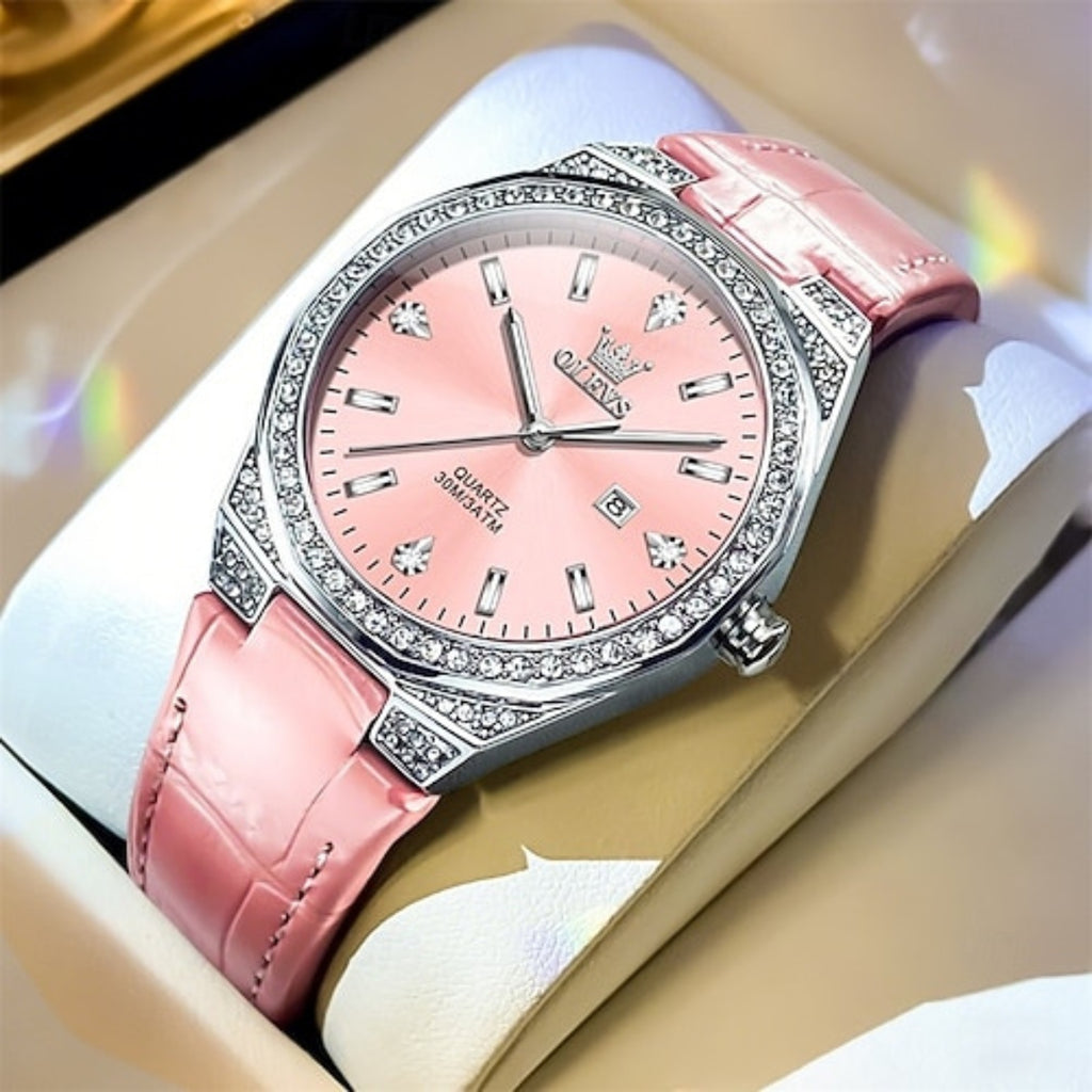 OLEVS 5606 Women’s Luxury Leather Watch – Fashion Quartz Wristwatch with Diamond Accents Pink