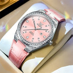 OLEVS 5606 Women’s Luxury Leather Watch – Fashion Quartz Wristwatch with Diamond Accents Pink