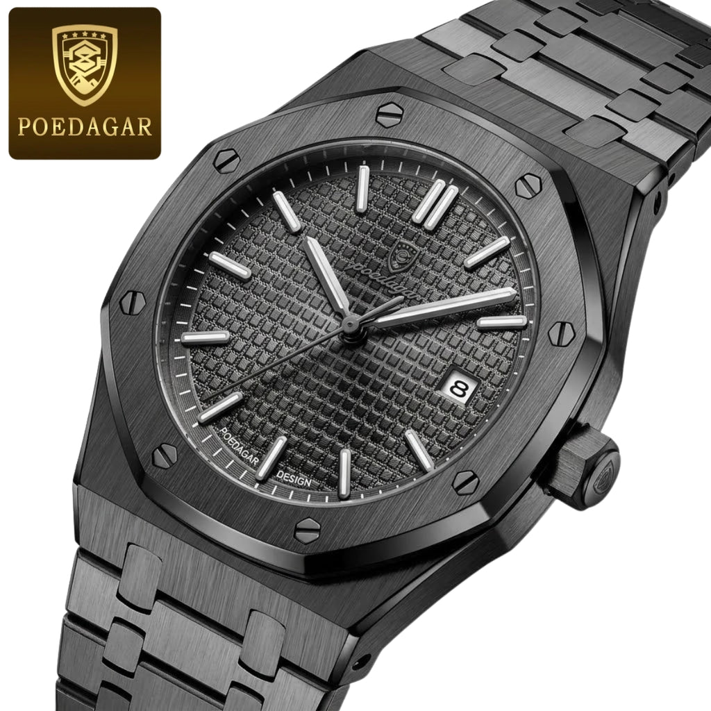 POEDAGAR 924 Men's Luxury Watch: Stainless Steel Waterproof Quartz with Day-Date & Luminous Display Black