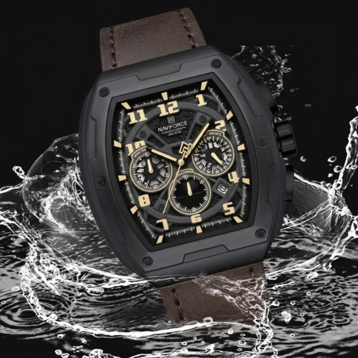 NAVIFORCE 8053 Men's Watch – Waterproof Sport Chronograph with Luxury Leather Band Coffee
