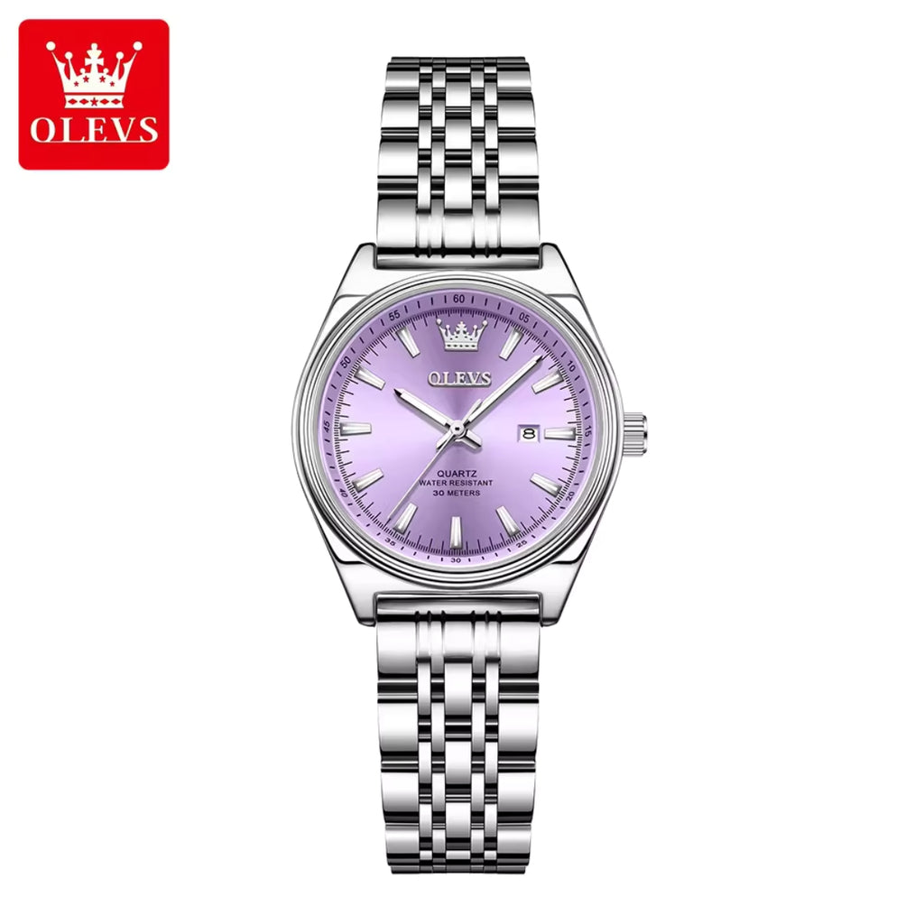 OLEVS 3703 Women’s Elegant Stainless Steel Watch – High Quality Classic Luxury Quartz Wristwatch - Silver and Purple