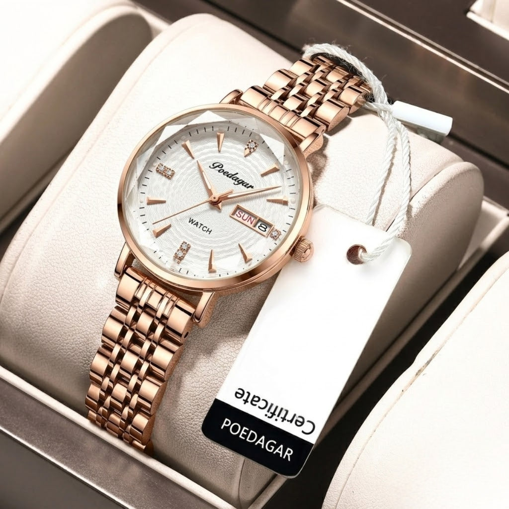 POEDAGAR 312 Women's Stainless Steel Quartz Watch – Waterproof Fashion Timepiece with Date Window White
