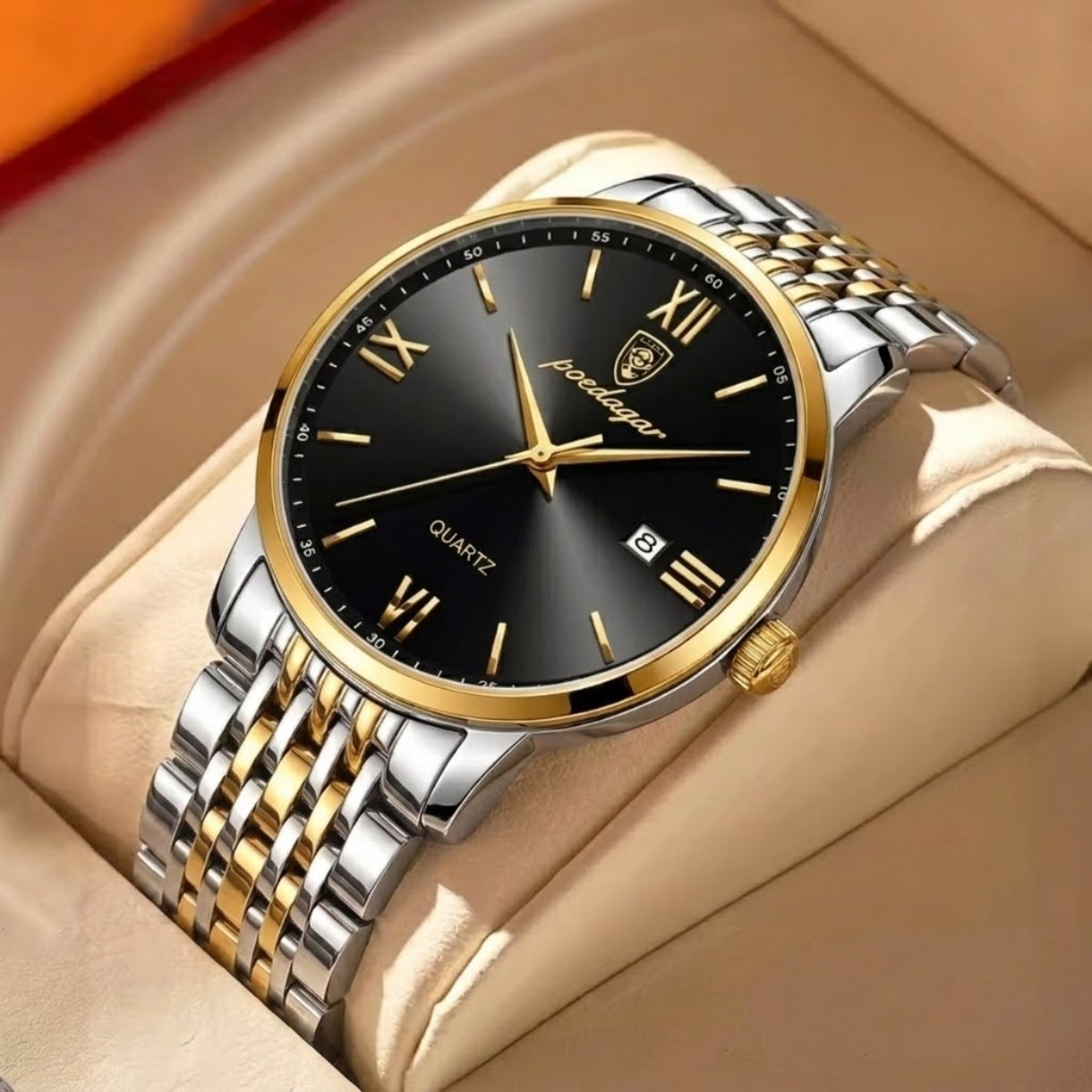POEDAGAR 826 Waterproof Watch – High-Grade Stainless Steel Quartz Movement Luxury Date Display Wristwatch for Men Gold Black