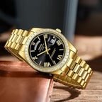 NIBOSI 2628 Luxury Men’s Quartz Watch – Faceted Crystal Bezel & Sunburst Dial Precision Business Timepiece Gold Black