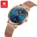 OLEVS 5869 Women’s Ultra-Thin Mesh Watch – Waterproof Luxury Quartz with Steel Strap Rose Gold and Blue