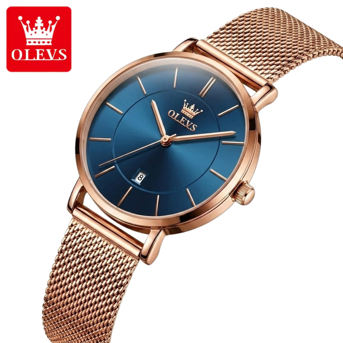 OLEVS 5869 Women’s Ultra-Thin Mesh Watch – Waterproof Luxury Quartz with Steel Strap Rose Gold and Blue