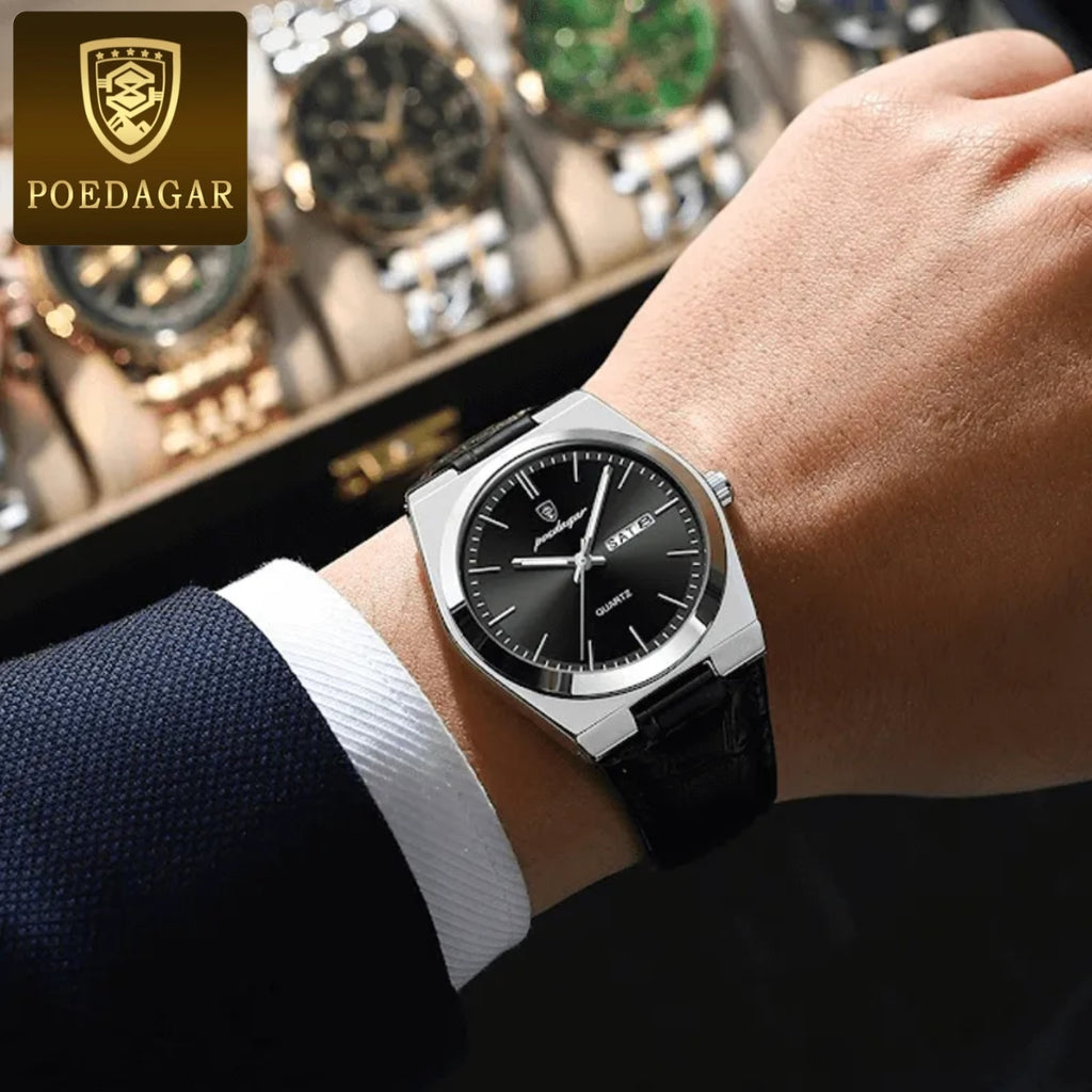 POEDAGAR 930 Men's Ultra-Thin 40mm Watch - Luminous Leather Strap Business Casual Quartz Silver Black