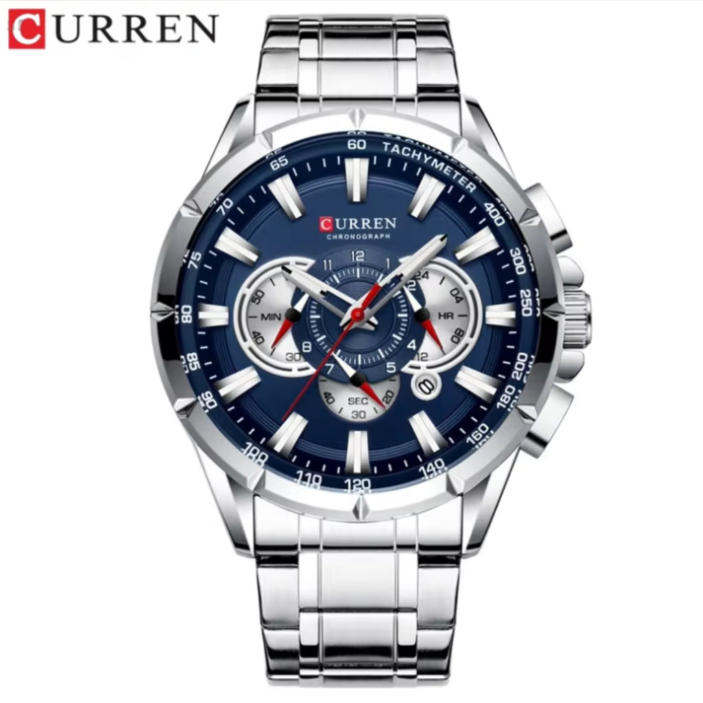 Curren 8363 Men's Watch Multifunctional Waterproof Chronograph Quartz Silver and Blue