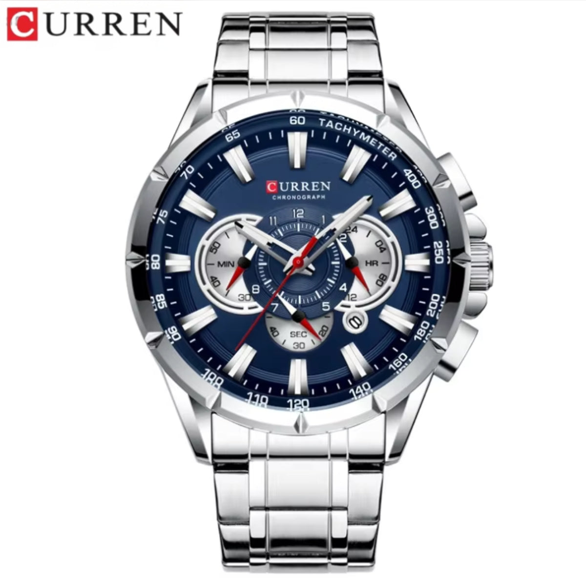 Curren 8363 Men's Watch Multifunctional Waterproof Chronograph Quartz Silver and Blue