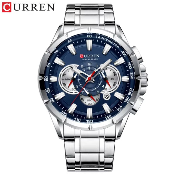 Curren 8363 Men's Watch Multifunctional Waterproof Chronograph Quartz Silver and Blue