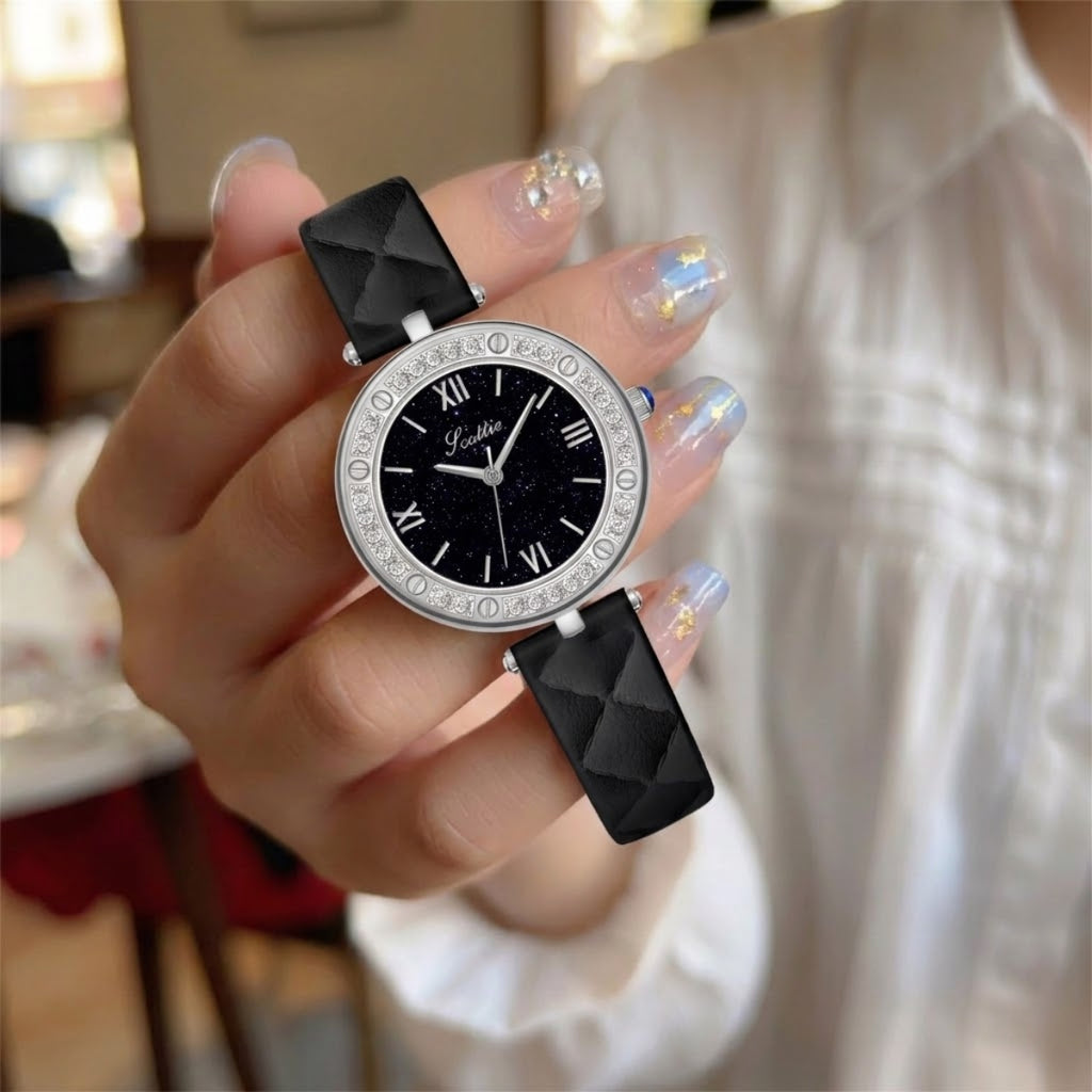 Scottie 9562 Women’s Luxury Fashion Watch –  Quartz Wristwatch with Shiny Leather Strap Black