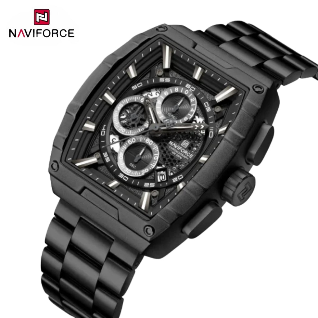 NAVIFORCE 8066 Luxury Chronograph Men's Watch – Heavy Duty Stainless Steel 3-Dial Quartz Sport Wristwatch with Date Display Black
