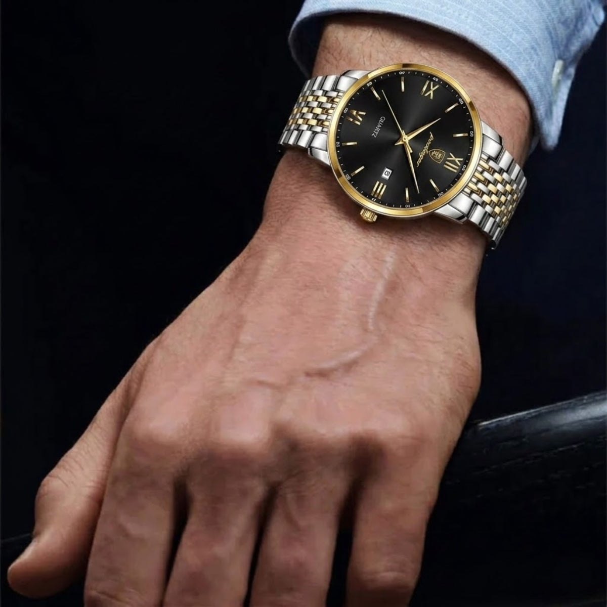 POEDAGAR 826 Waterproof Watch – High-Grade Stainless Steel Quartz Movement Luxury Date Display Wristwatch for Men Gold Black