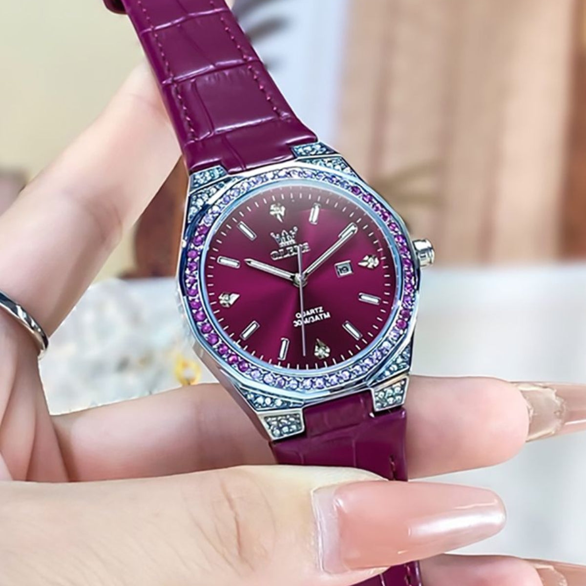 OLEVS 5606 Women’s Luxury Leather Watch – Fashion Quartz Wristwatch with Diamond Accents Purple