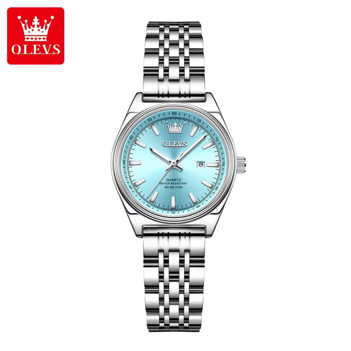 OLEVS 3703 Women’s Elegant Stainless Steel Watch – High Quality Classic Luxury Quartz Wristwatch - Silver and Blue
