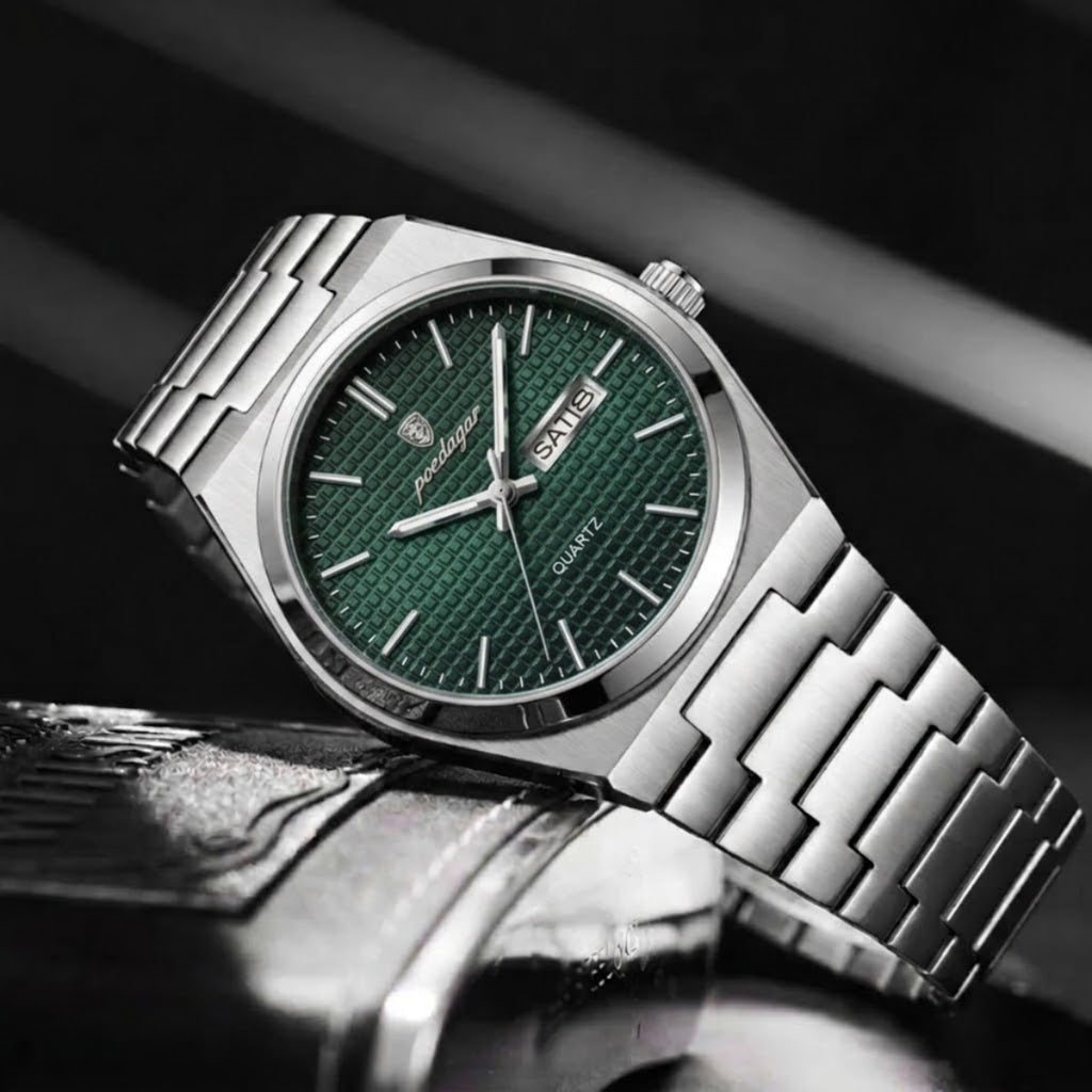 Poedagar 821 Men's Luxury Fashion Watch – Waterproof Luminous Quartz Wristwatch with Stainless Steel Band Green